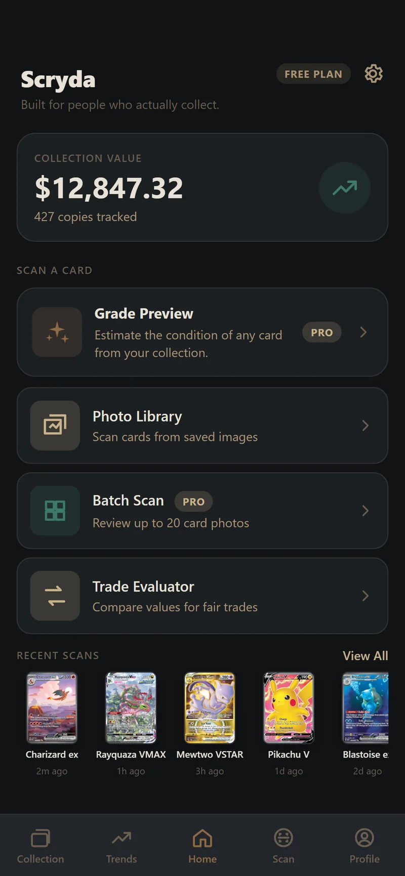 Scryda home screen showing a $12,847.32 collection value with 427 copies tracked