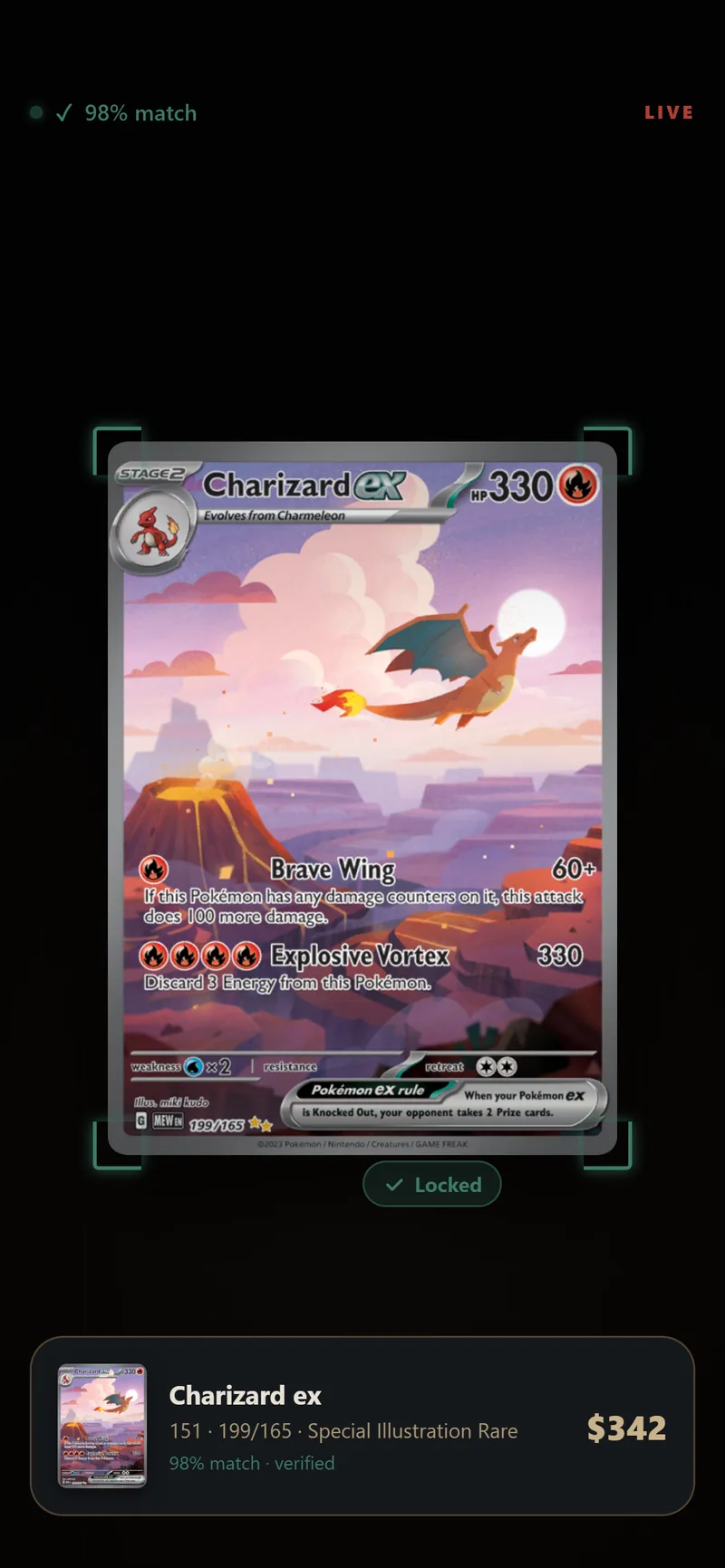Scryda scanning a Charizard ex with a 98% match and $342 market value