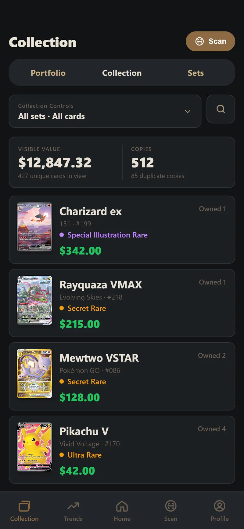 Collection view with per-card values, rarities and set details